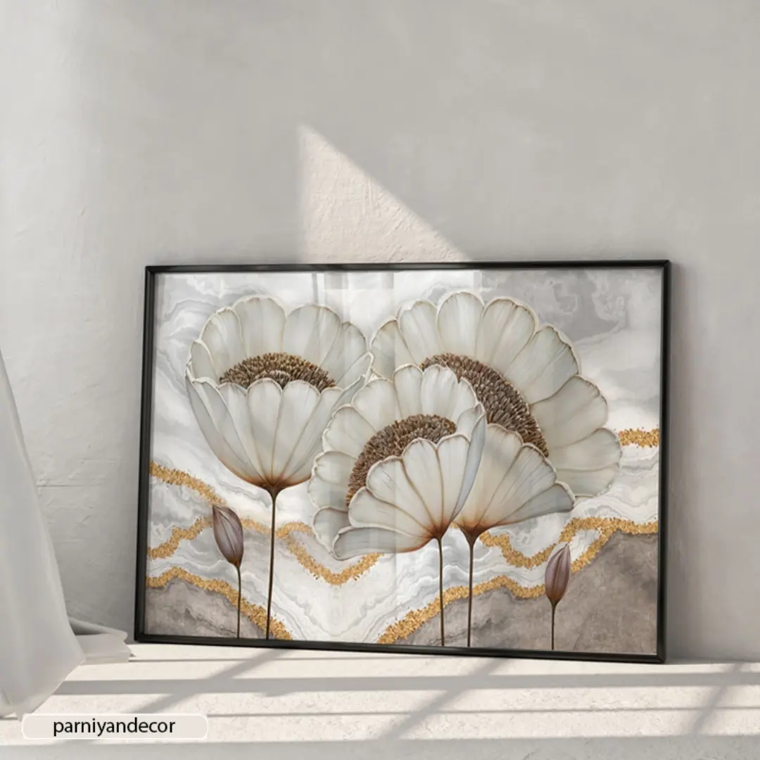 تابلو دکوراتیو افقی با طرح پس زمینه آبسترکت و گل های گرافیکی سفید و غنچه