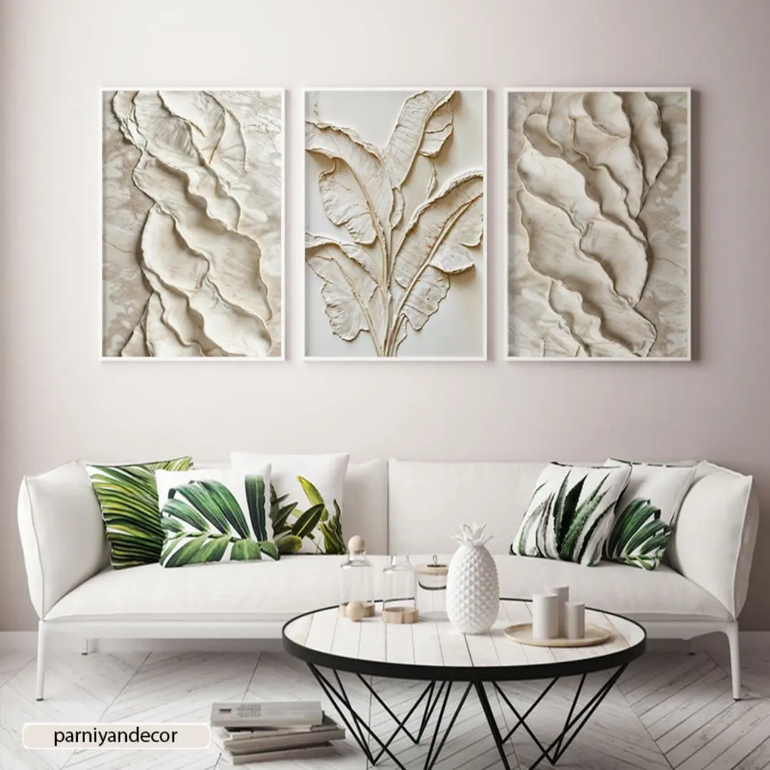 تابلو دکوراتیو ست سه تکه با طرح پس زمینه برجسته موجی طرح گچکاری و تابلوی برگ های برجسته