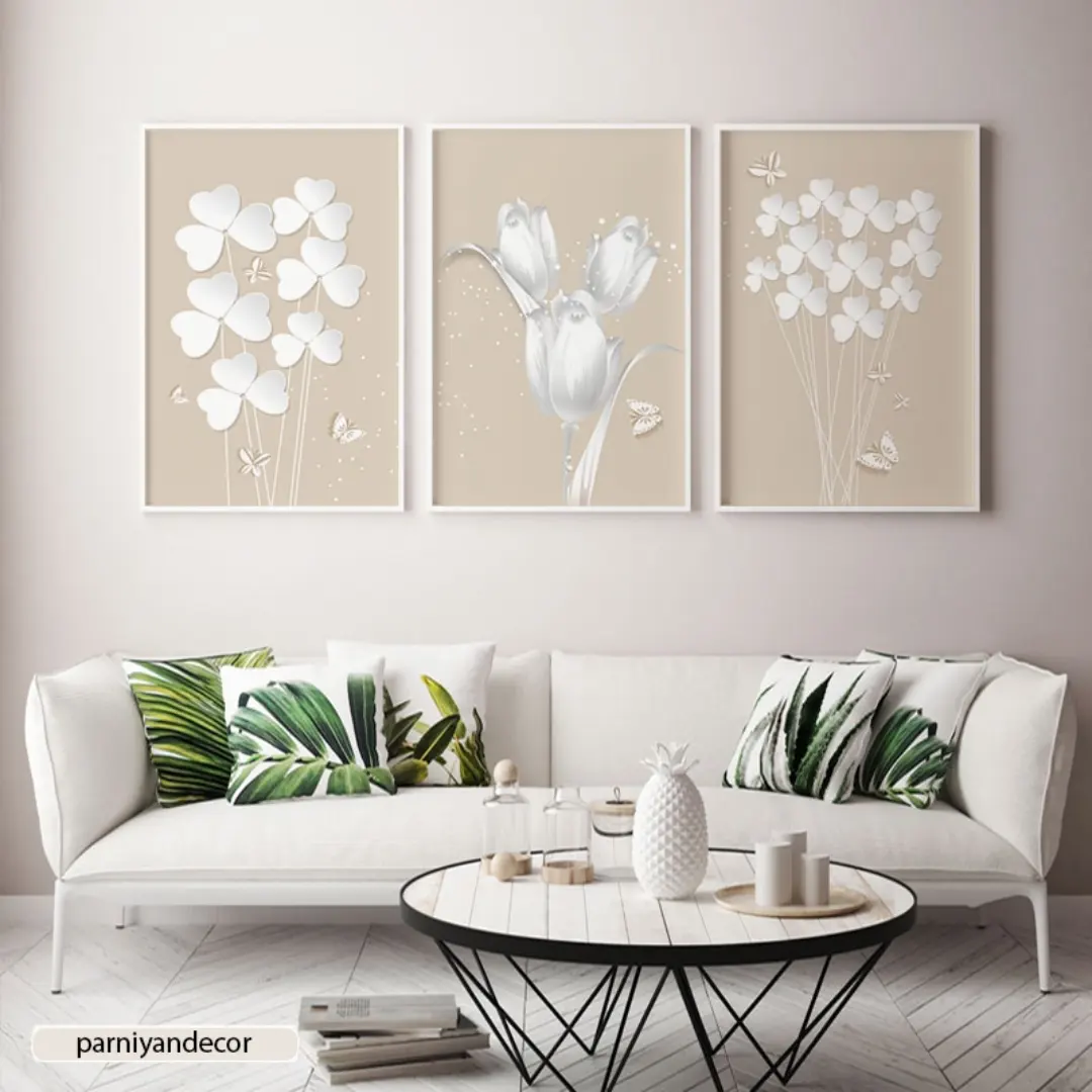 تابلو دکوراتیو ست سه تکه با طرح گل های سفید و پروانه