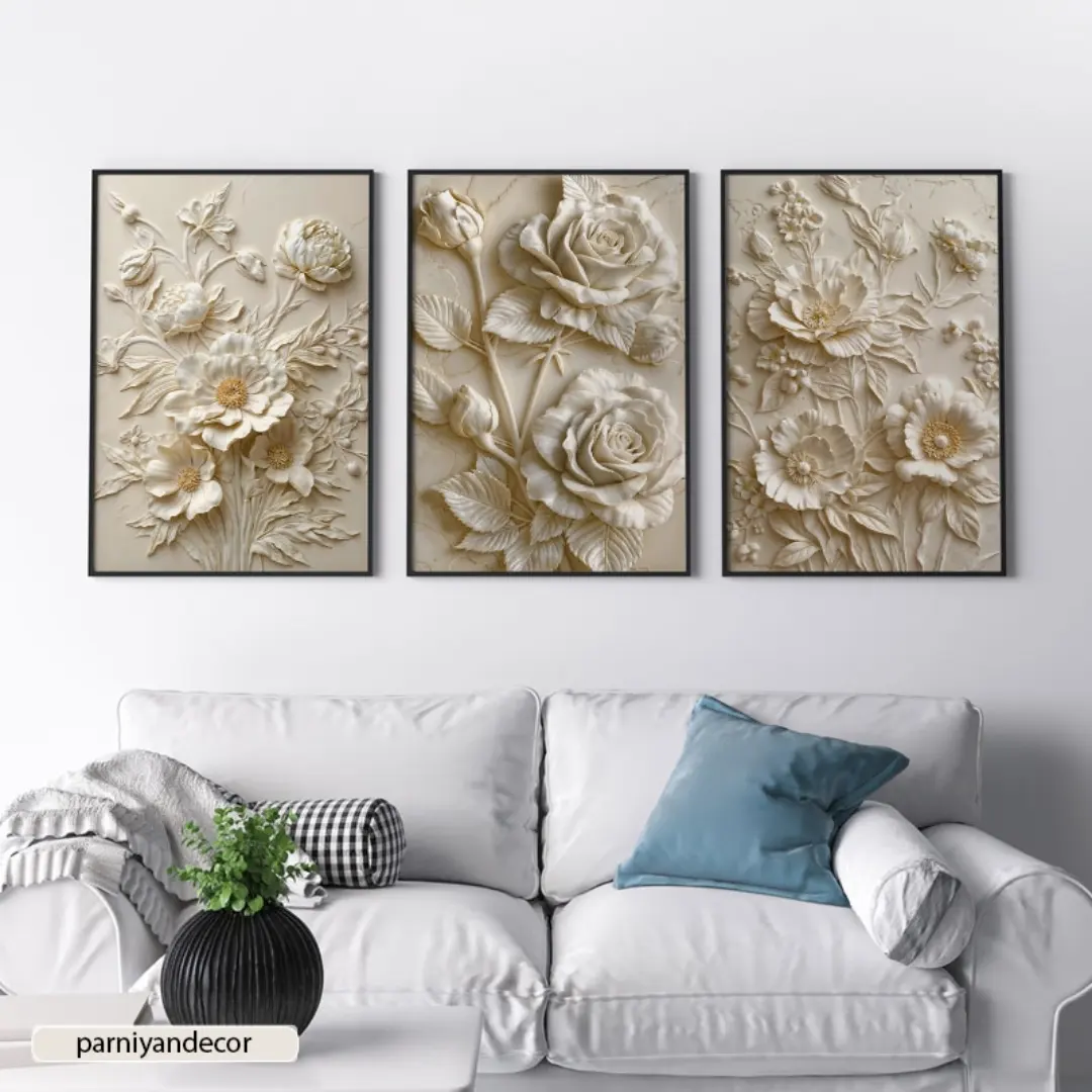 ست سه تابلوی دکوراتیو با طرح گل‌های برجسته
