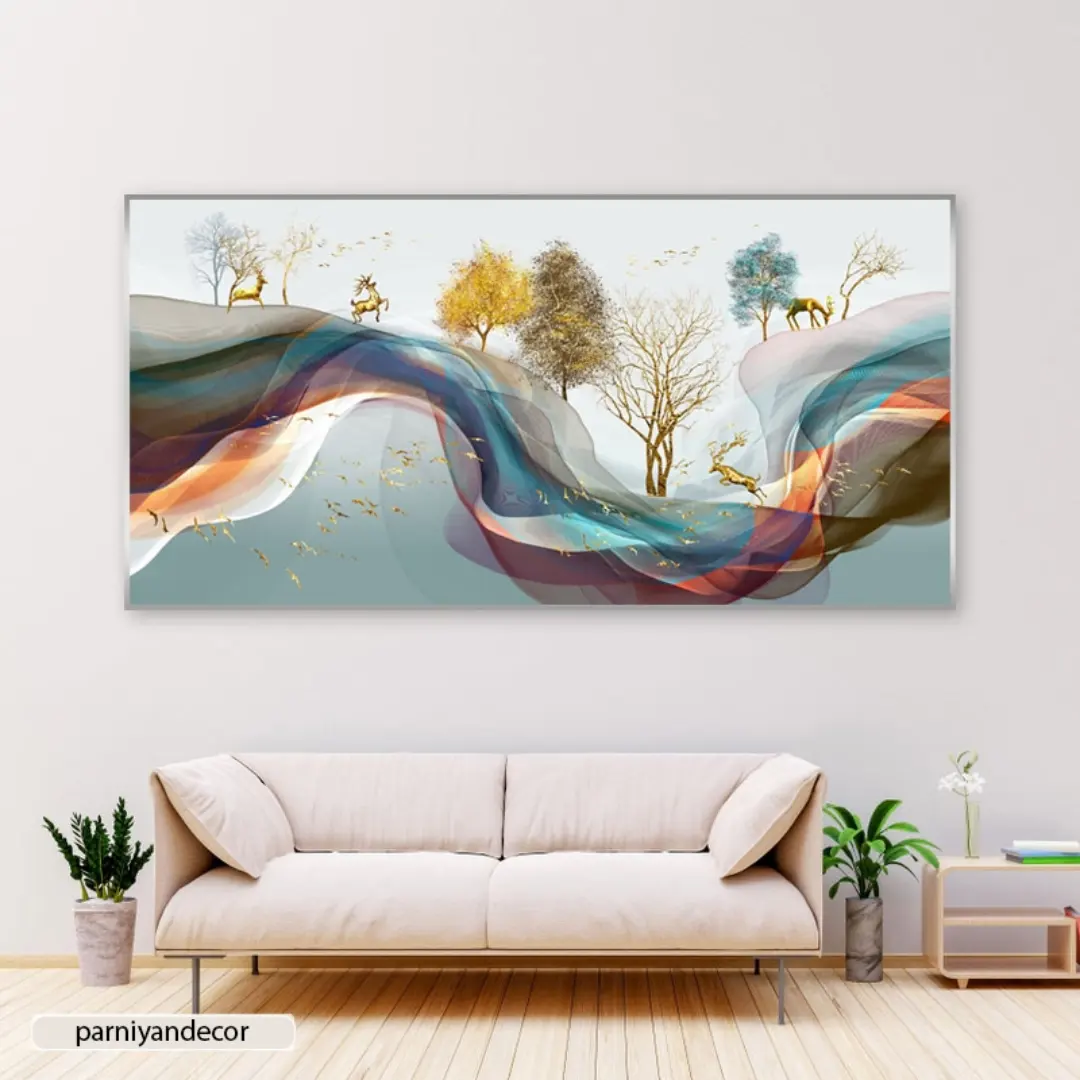 ست سه تکه تابلو دکوراتیو طرح منظره با درخت‌های طلایی