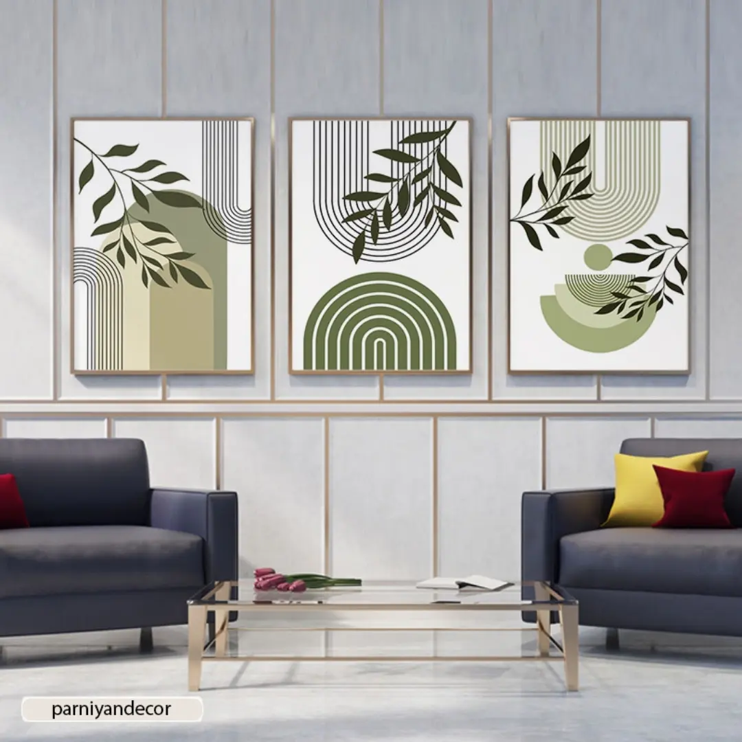 تابلو دکوراتیو ست سه تکه سبک مینیمال با المان‌های خطی و برگ‌های سبز و دایره و نیم‌دایره.