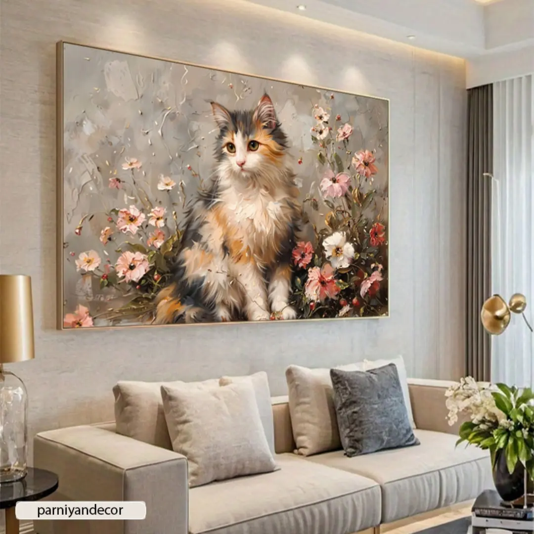 تابلو دکوراتیو طرح گربه در میان گلهای نقاشی شده