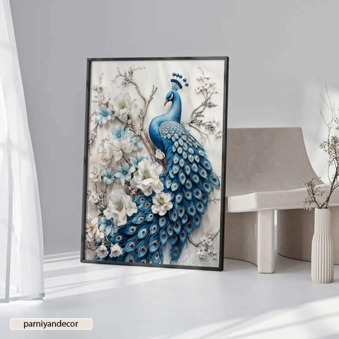 تابلو دکوراتیو عمودی طرح طاووس و گل