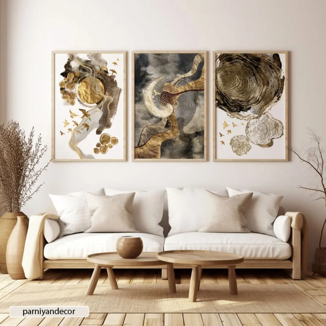 تابلو دکوراتیو ست سه تکه لوکس سبک آبستره و المان‌های طلایی، پرنده و مواج.