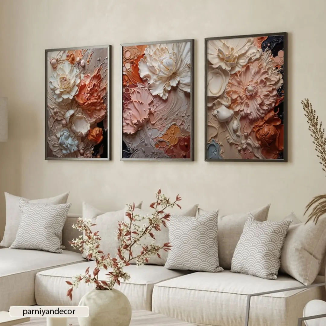 تابلو دکوراتیو ست سه تکه نقاشی دیجیتال با گل برجسته رنگ روغن