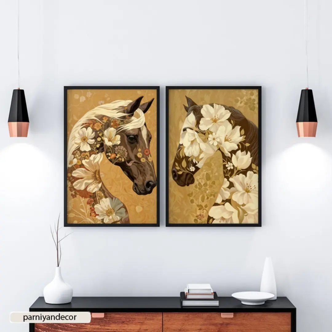 تابلو دکوراتیو ست دو تکه با طرح اسب های قهوه ای و گل های نقاشی شده