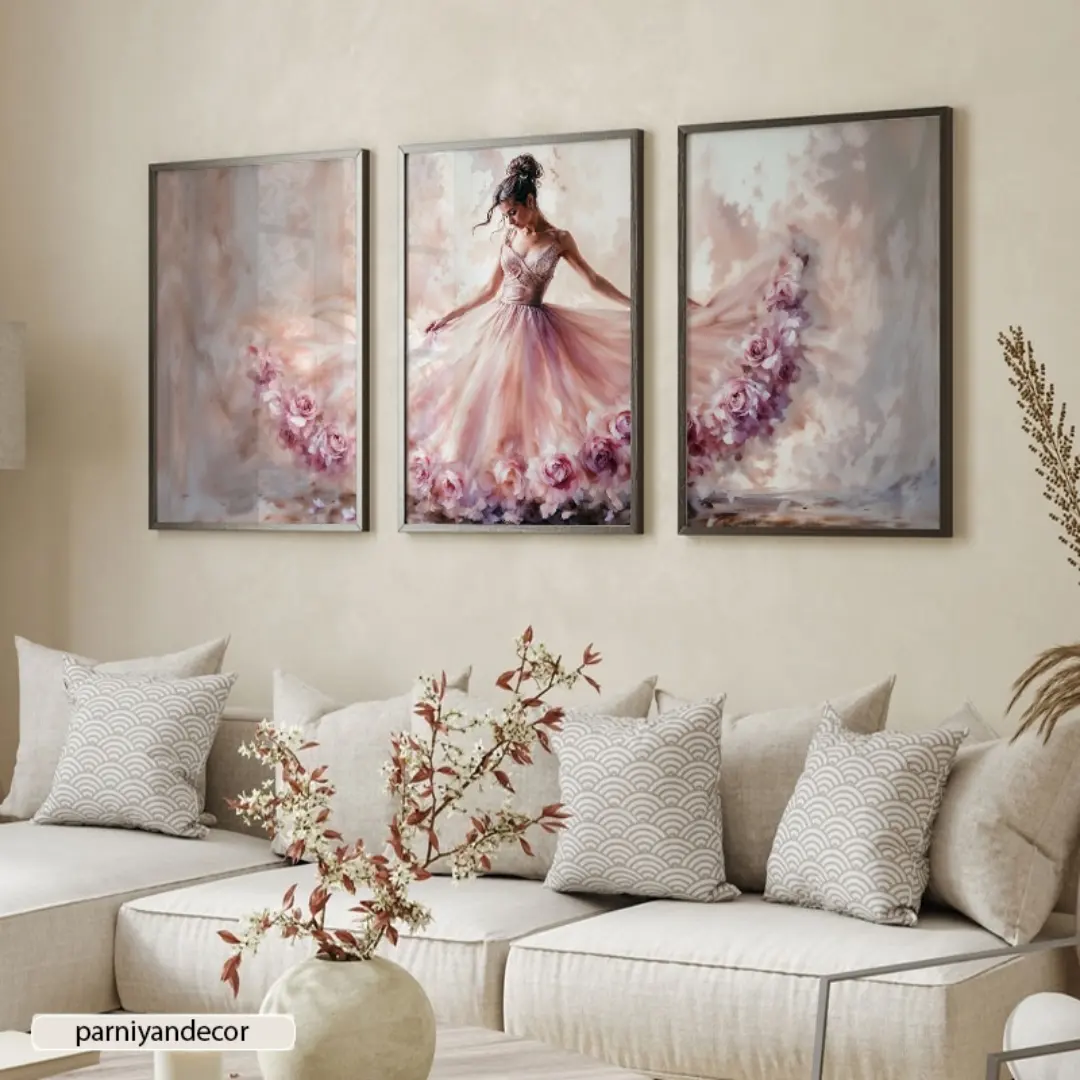 تابلو دکوراتیو ست سه تکه با تم صورتی