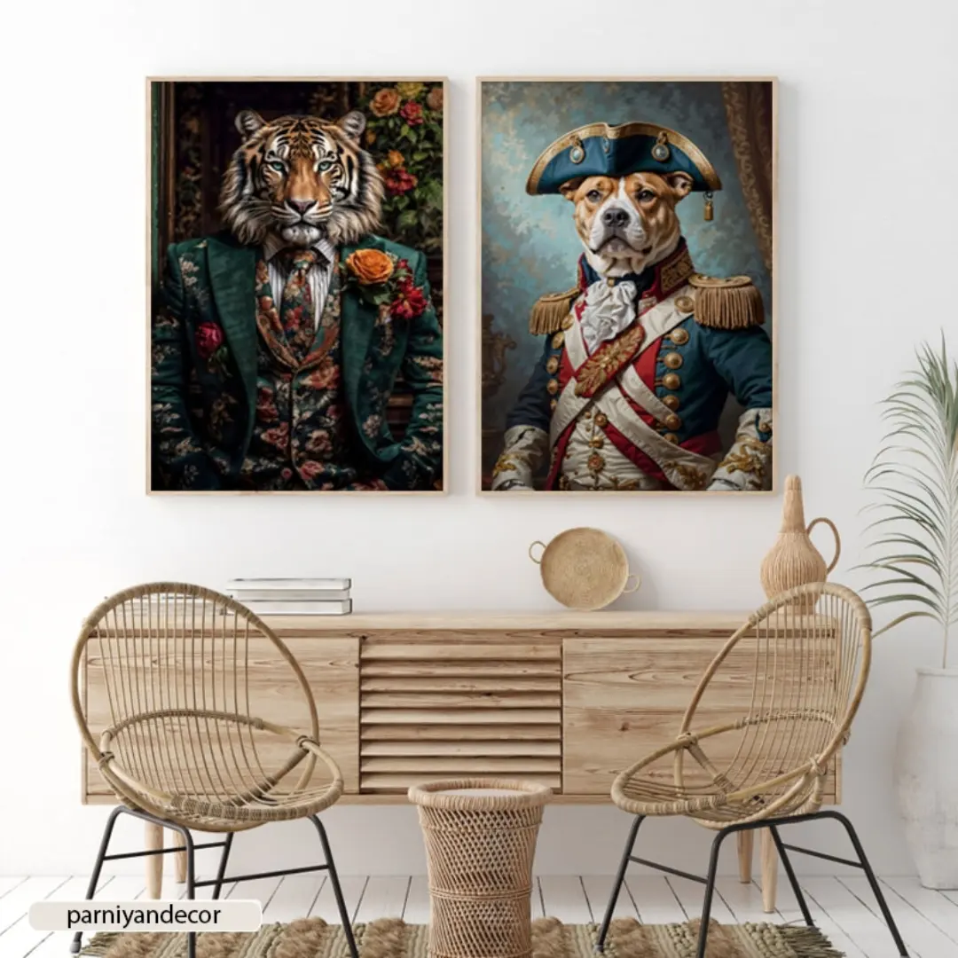 تابلو دکوراتیو دو تکه نقاشی دیجیتال ببر جنتلمن و سگ ملوان